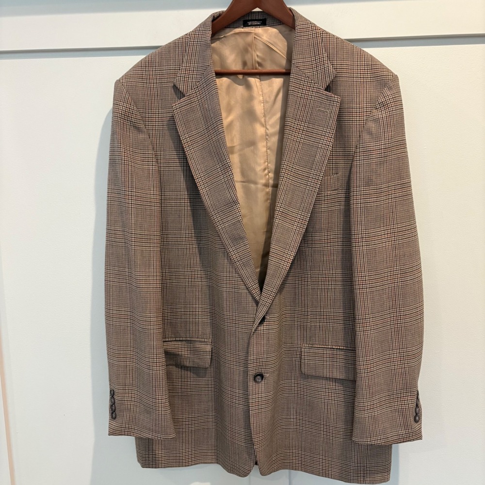 Men's Robert Stock Tan Glen Plaid Sport Coat‎ Blazer 46L Long Wool Blend